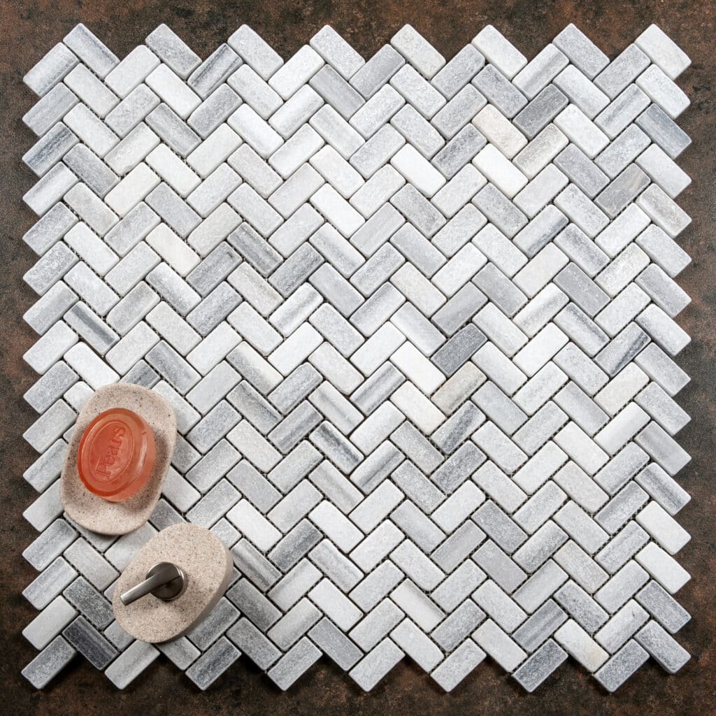 Calacatta Zebra Tumbled Marble Herringbone Mosaics Authentic Stone