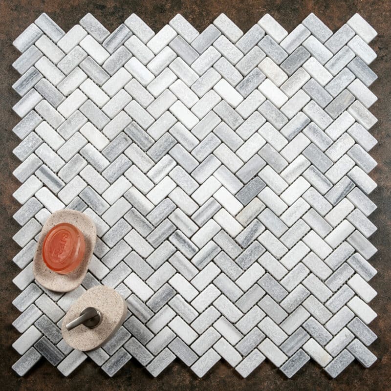 Calacatta Grey Tumbled Marble Herringbone Mosaics